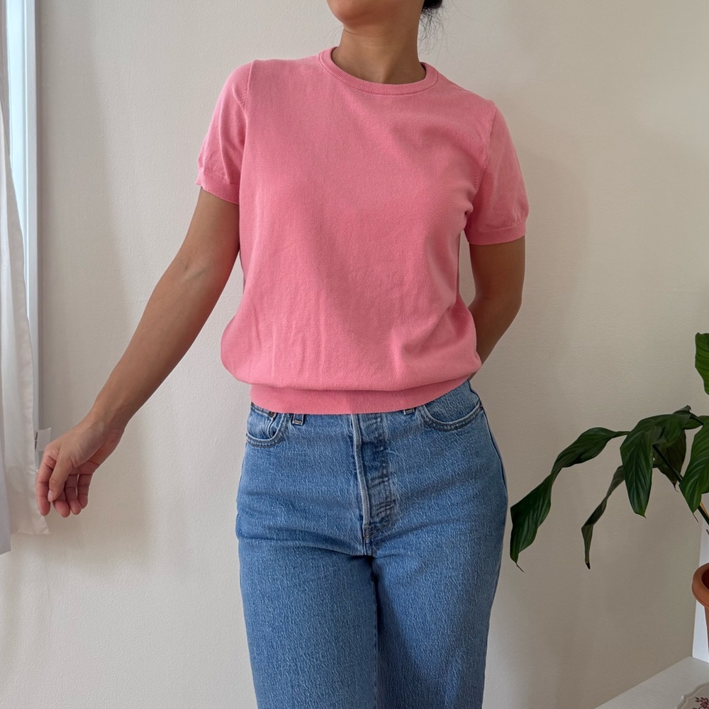 Lands End Cotton Blend Pink Short Sleeve Sweater Preppy Top Size Small